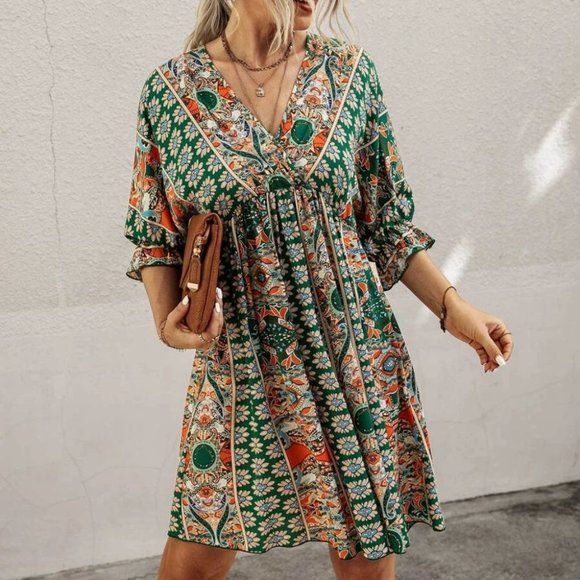 Green Boho Mini Dress - Picture 2 of 6
